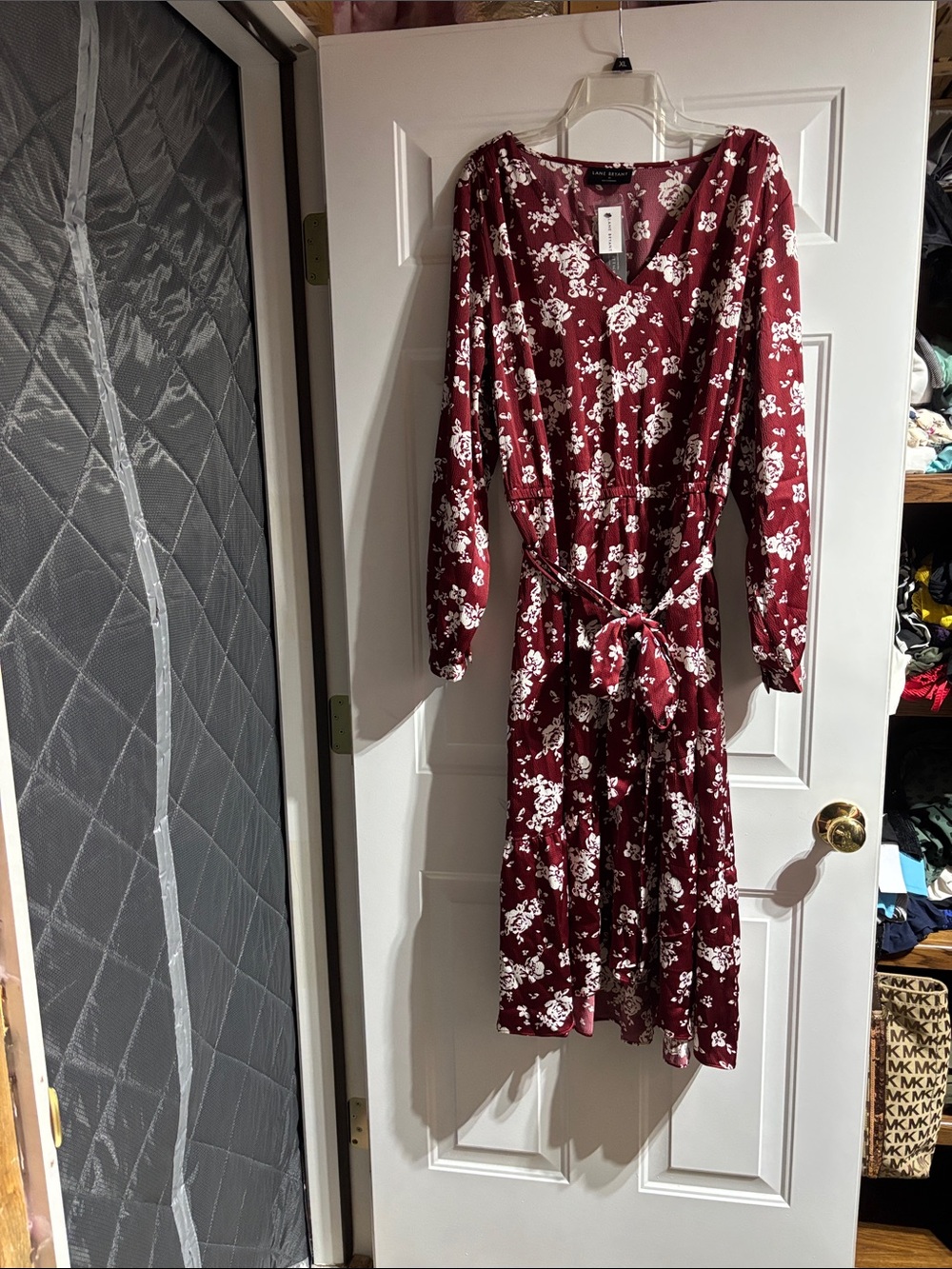 Lane Bryant Wine Red Floral Tie-Waist Long Sleeve Dress
